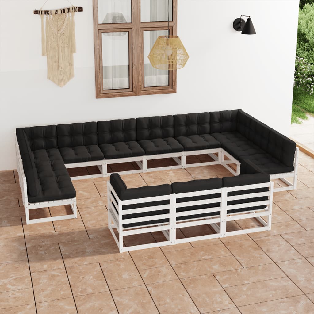 13-tlg. Garten-Lounge-Set mit Kissen Weiss Kiefer Massivholz